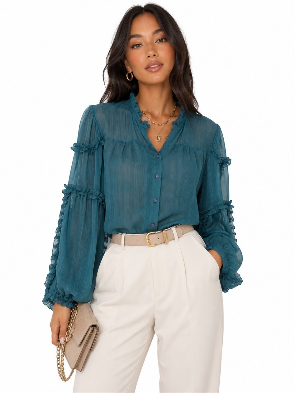 CeCe Teal Lined Ruffle Blouse Romantic Boho Button Front Long Sleeve Top L